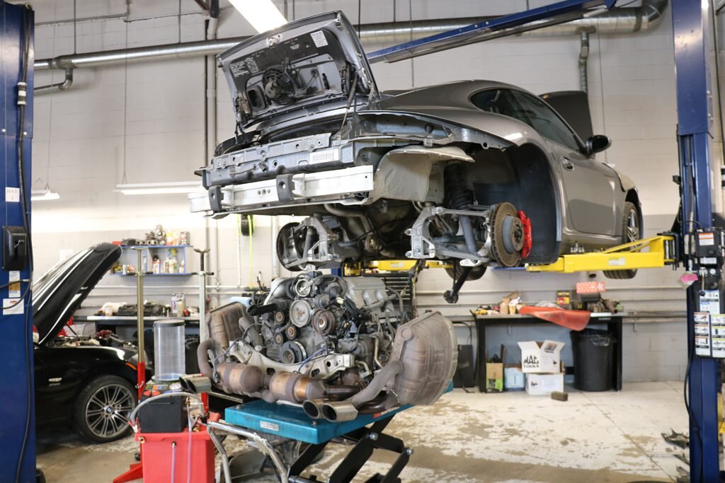 Porsche engine and transmission removed at Eurocraft Automotive